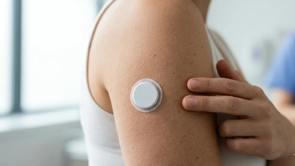 CGM Without Diabetes: Close-up of a continuous glucose monitor sensor attached to the upper arm