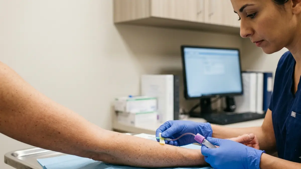 Dangerous TSH levels during a thyroid blood test with a healthcare professional preparing a venous blood sample