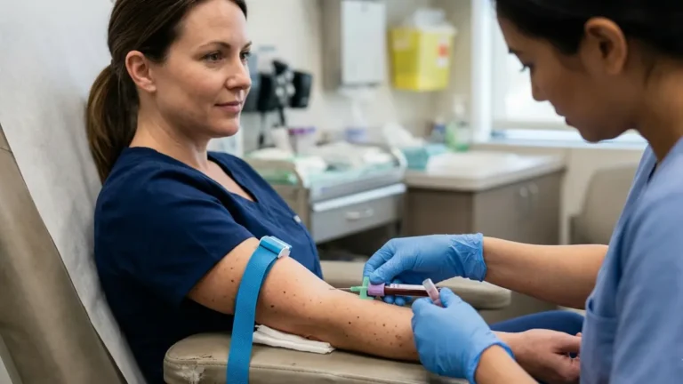Hashimoto's, TSH thyroid blood test with a healthcare professional collecting a routine blood sample