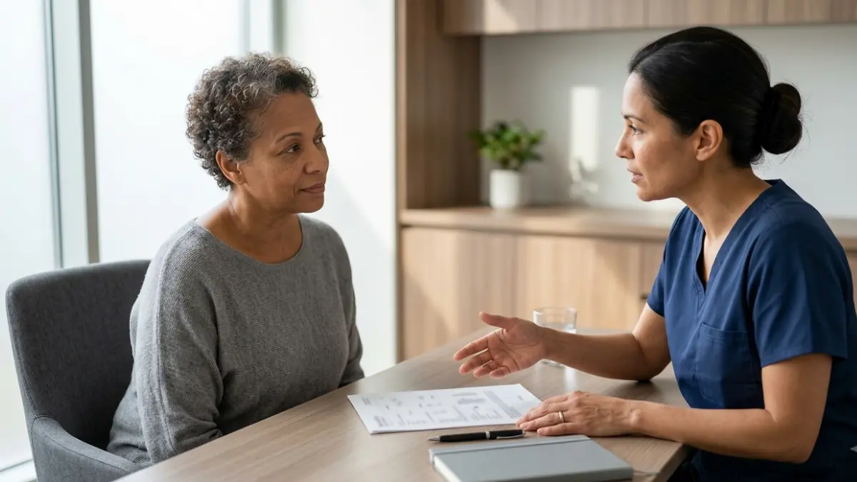 Hashimoto's, TSH and TPO results being discussed between a patient and healthcare professional
