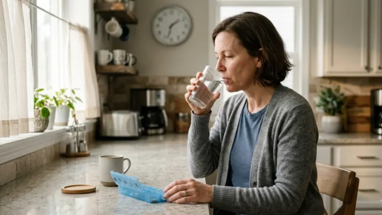 levothyroxine TSH retest routine showing an adult taking medication with water in the morning