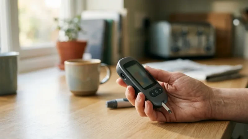 Long term effects of high blood sugar represented by an adult checking blood glucose with a meter at home