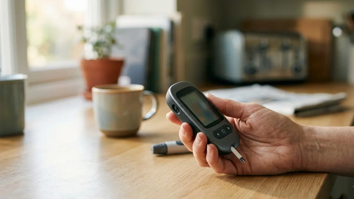 Long term effects of high blood sugar represented by an adult checking blood glucose with a meter at home