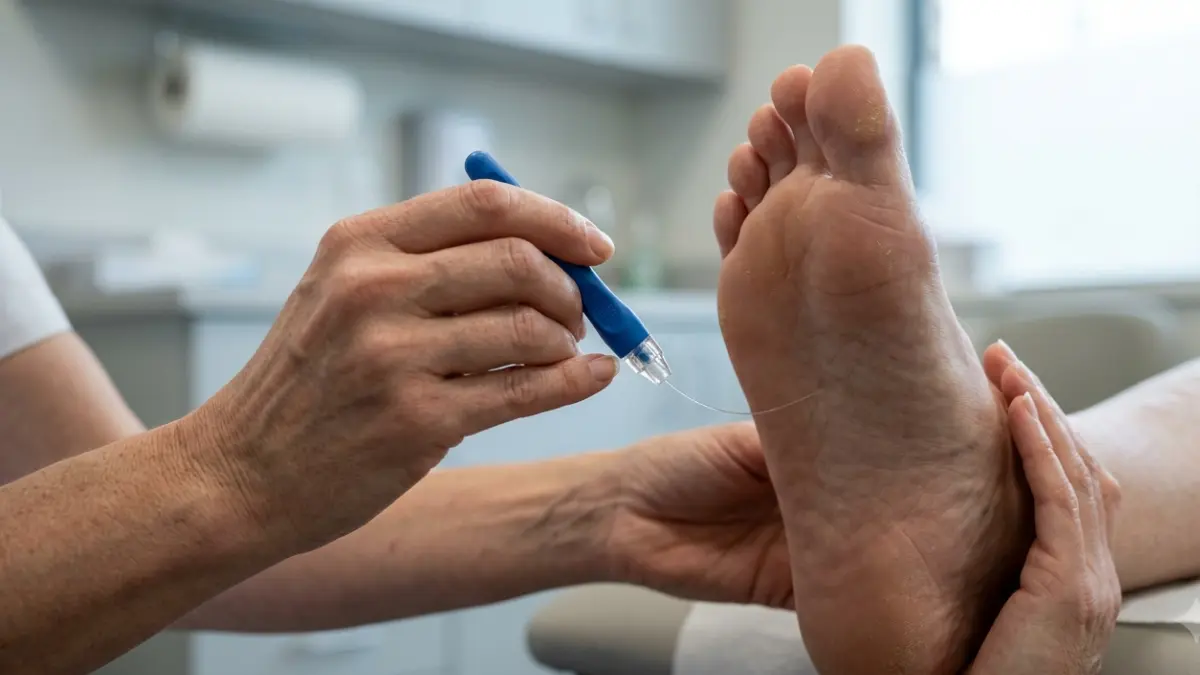 Long term effects of high blood sugar represented by a clinician performing a foot sensation test for possible nerve damage