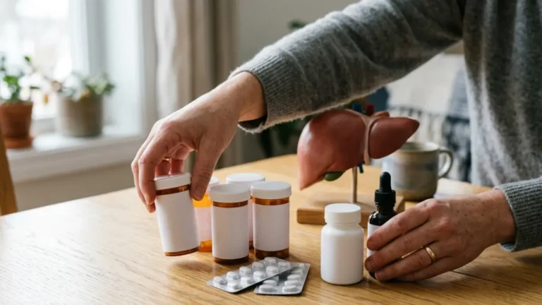 Medication bottles and generic medicines with an anatomical liver representing medication-related ALT elevation