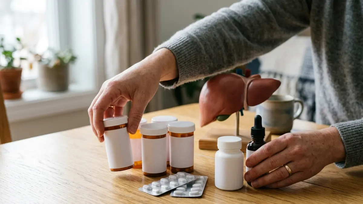Medication bottles and generic medicines with an anatomical liver representing medication-related ALT elevation