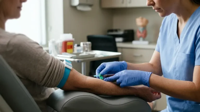 Test TSH blood test during routine thyroid monitoring in a clinical setting