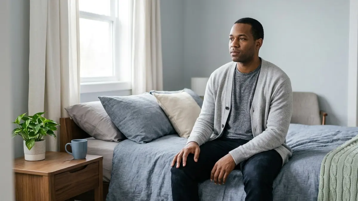 Thyroid Disease symptoms can be subtle as a tired adult pauses during a morning routine