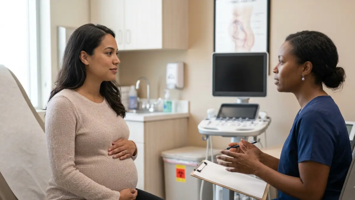 Thyroid Screening Guideline discussion during a prenatal consultation with a pregnant patient and obstetric clinician