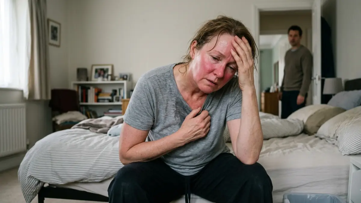 Thyroid storm symptoms including sweating, exhaustion, and awareness of a rapid heartbeat at home