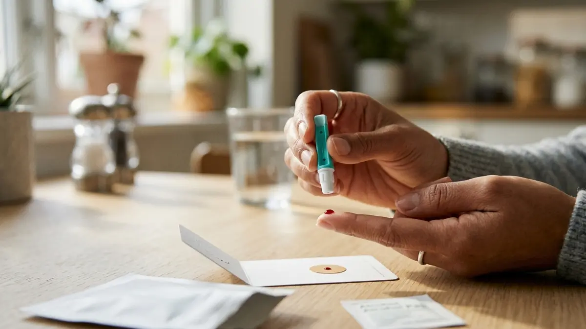 Thyroid test accuracy shown with an adult performing an at-home finger-prick blood test