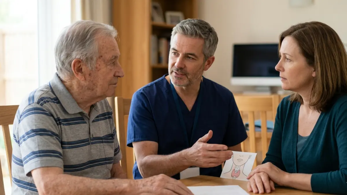 Healthcare professional explaining Thyroid Test Results to an older adult and family member