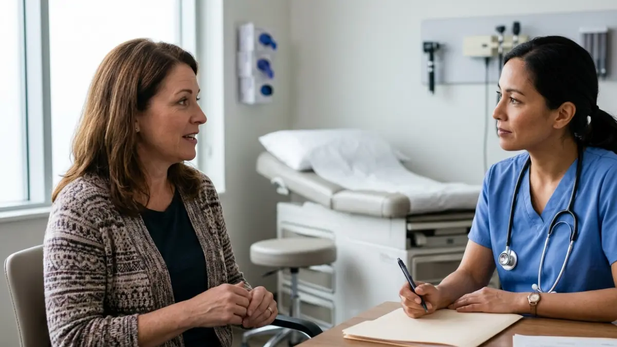 TSH Levels Chart article showing a clinician discussing thyroid blood test follow-up with an adult patient