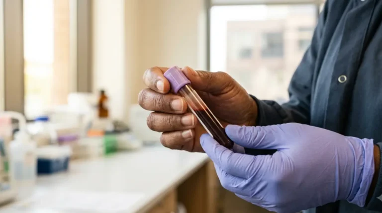 Alcohol and AST blood test represented by hands holding a blood sample tube in a laboratory
