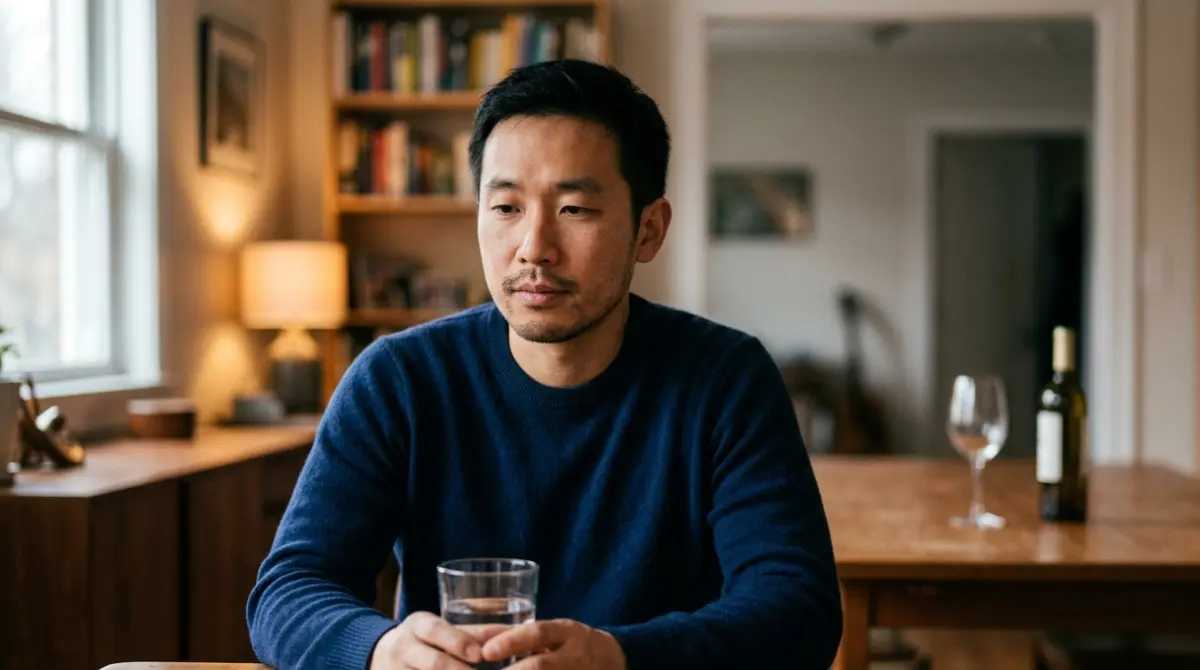Alcohol and AST liver enzyme recovery shown by a person choosing water instead of alcohol at home