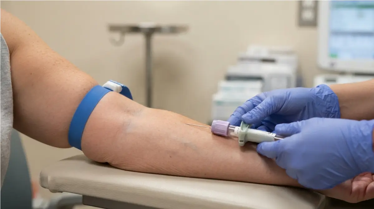 “Clinic blood draw in progress with tourniquet on arm, representing testing for liver enzymes such as ALT, AST and GGT, photoreal.”