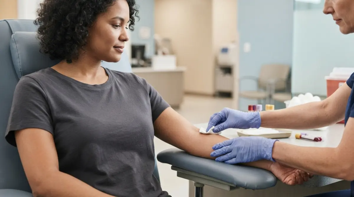 ALT Blood test cost featured image showing a phlebotomist preparing to draw a blood sample from a patient in a modern clinical laboratory.
