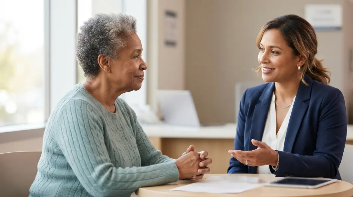 Older adult discussing ALT Blood test insurance and Medicare coverage with a health plan representative in a modern medical office.