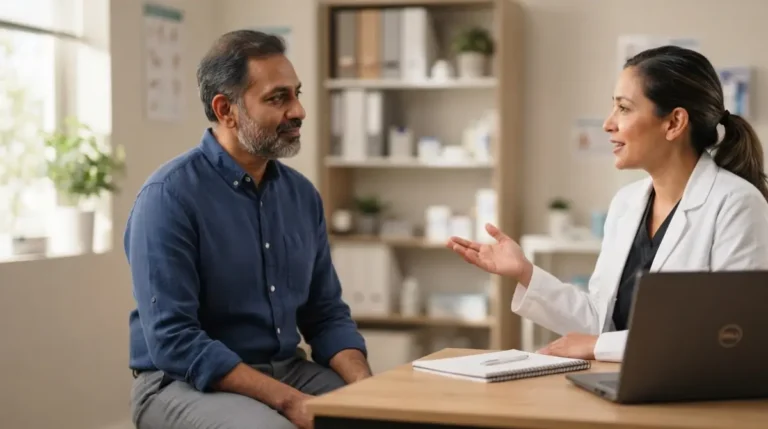 Doctor discussing liver test results showing high ALT with Normal AST in a primary care clinic.