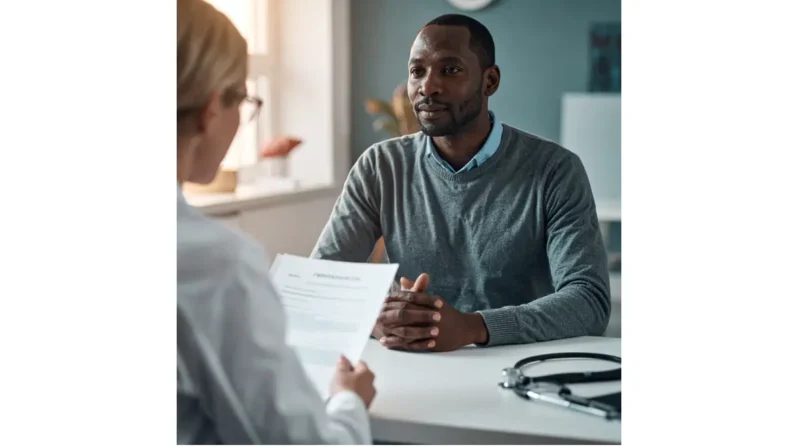 Patient discussing ALT higher than AST liver blood test results with a clinician during a MASLD consultation.