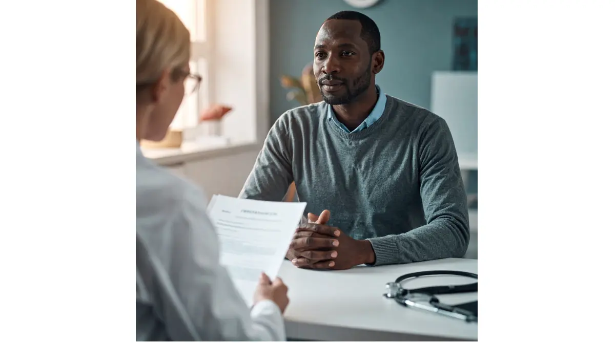 Patient discussing ALT higher than AST liver blood test results with a clinician during a MASLD consultation.
