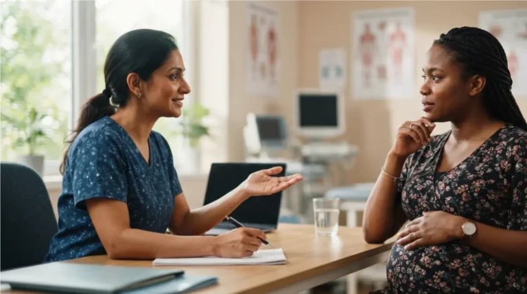 ALT in Pregnancy: pregnant woman discussing a flagged liver test with a clinician