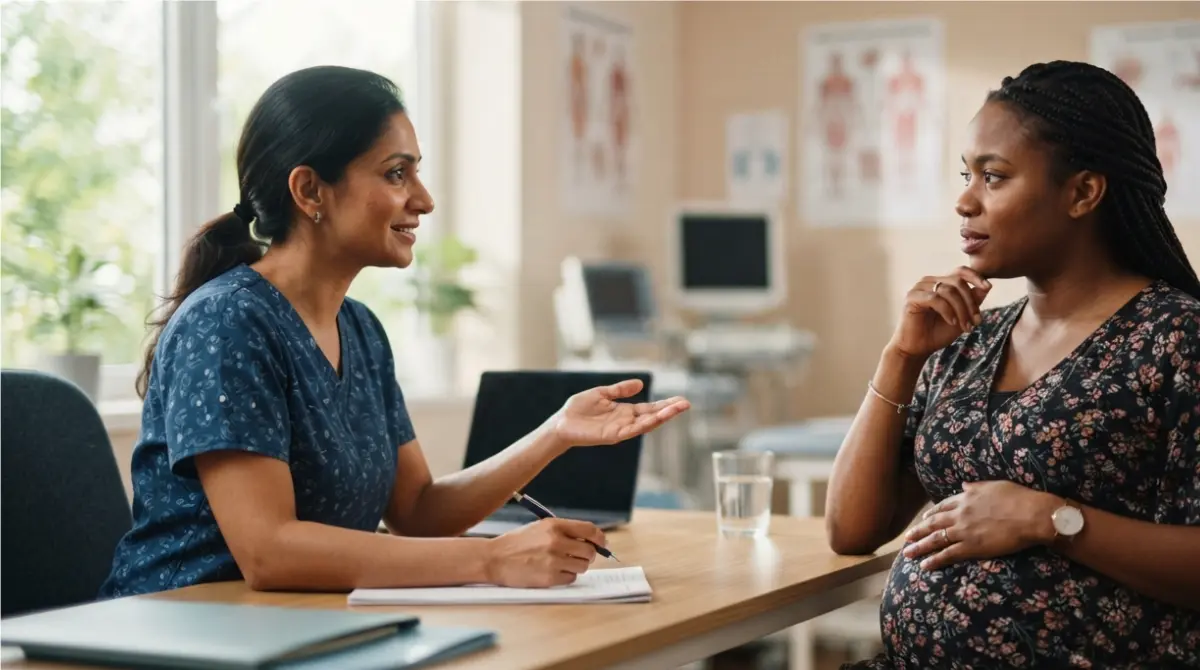 ALT in Pregnancy: pregnant woman discussing a flagged liver test with a clinician