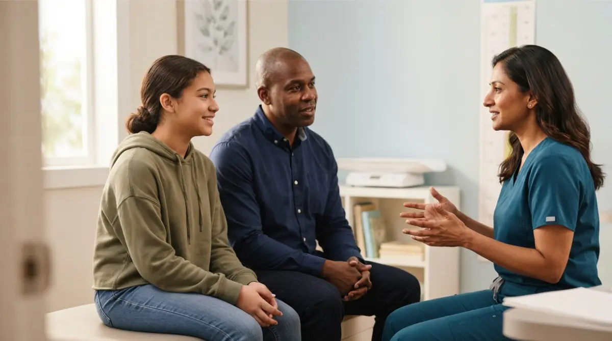 ALT Levels discussion between a teenager, parent, and pediatric clinician