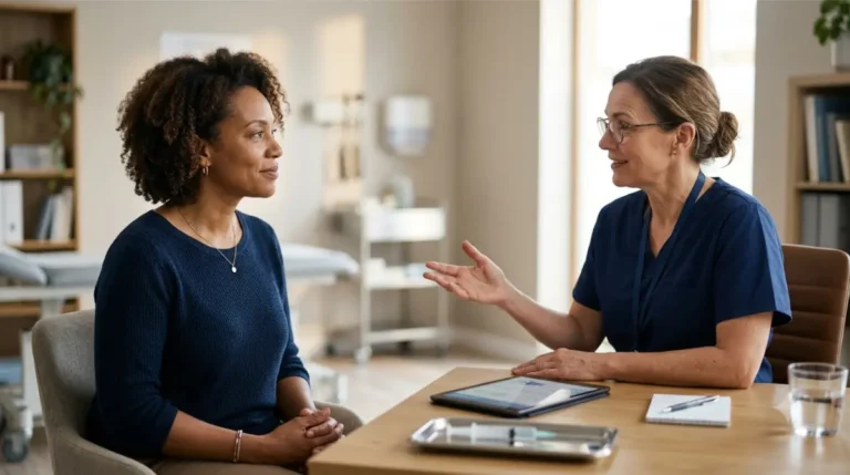 Clinician discussing AST/ALT Ratio blood test interpretation with a patient in a medical office