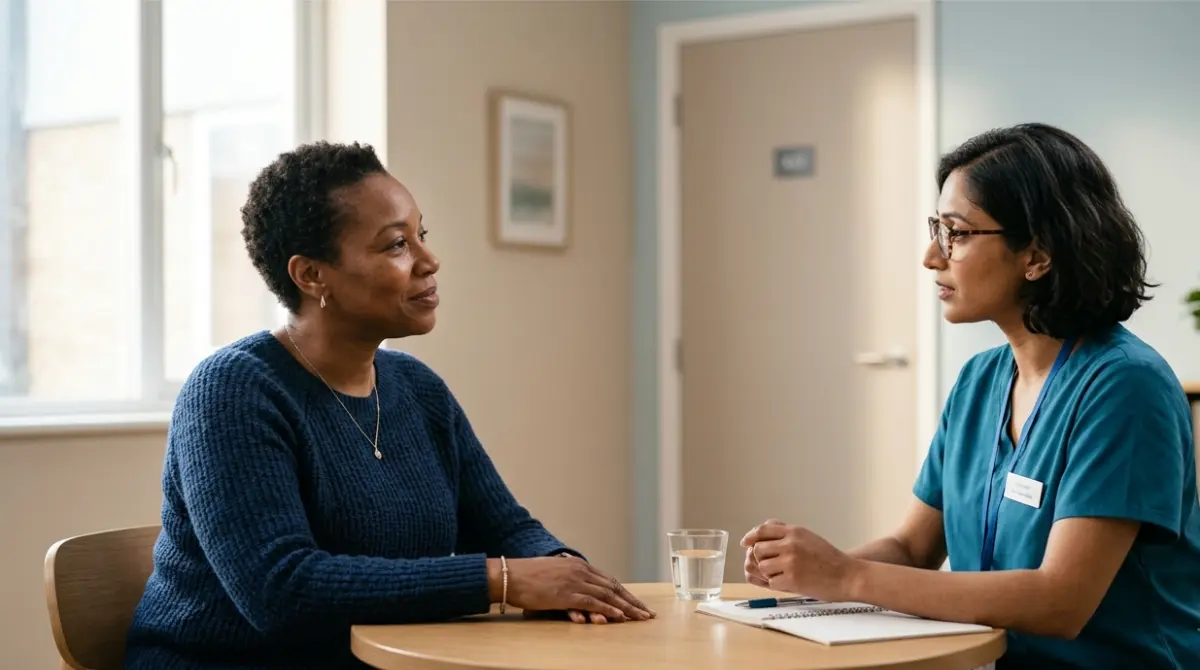 Patient discussing AST/ALT Ratio and liver health history with a clinician in a private clinic room