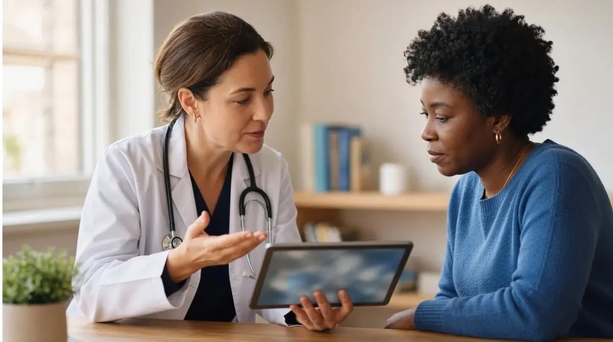 Clinician explaining AST and ALT blood test comparison to a patient using a tablet