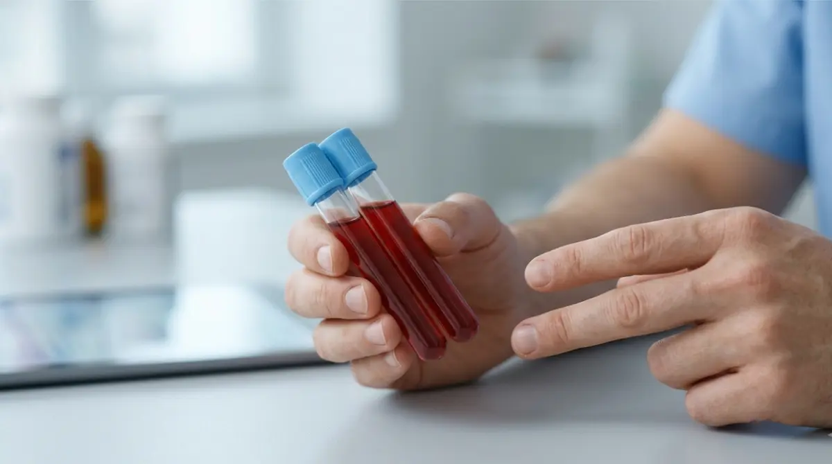 Doctor explaining AST/ALT Ratio using two blood sample vials during a clinical consultation