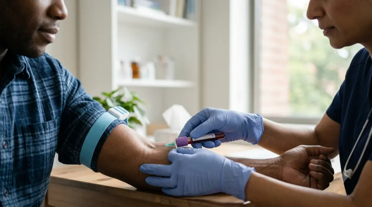 Phlebotomist drawing a blood sample from a patient’s arm for an AST blood test