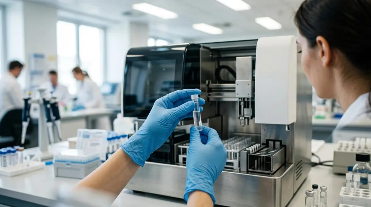 Laboratory worker handling an unlabeled sample beside testing equipment used to measure AST Normal Range results.