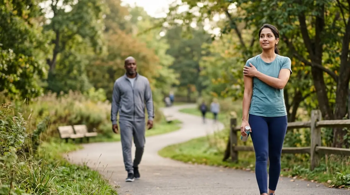 Adult pausing after a gentle walk, illustrating that AST Normal Range results can relate to enzymes found in muscles as well as the liver.