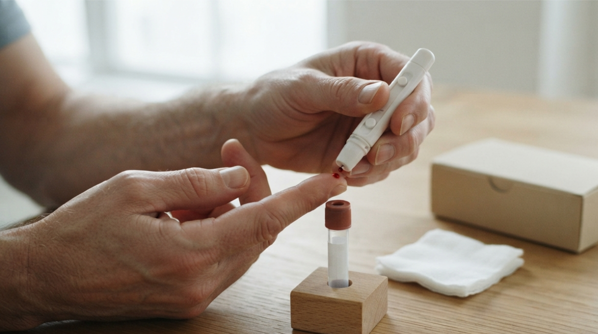 Hands collect a small blood sample for an at-home Liver Test using an unbranded kit.