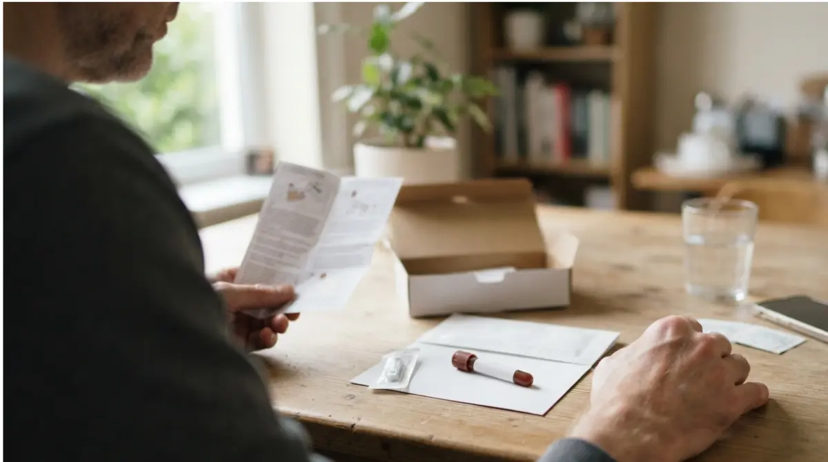 Adult preparing an at-home Liver Test sample with an unbranded finger-prick kit.