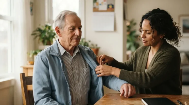 Adult caregiver helping an older man prepare for a Liver Disease blood test appointment at home