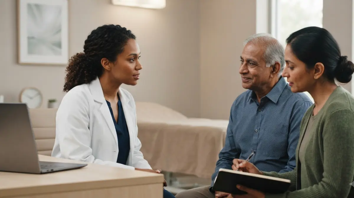 Clinician discussing cirrhosis care and Liver Disease test results with an older adult and caregiver