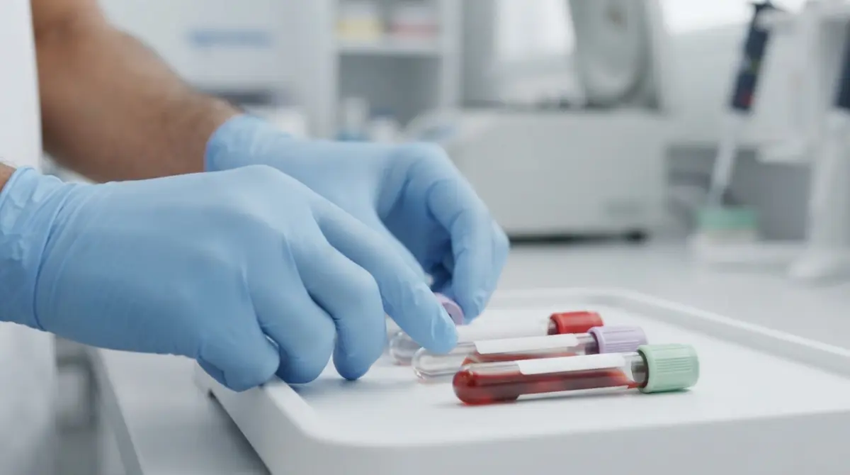 Clinician arranging three unlabeled blood tubes to assess Muscle Injury markers and liver-related tests
