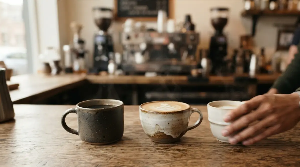 “Three ceramic coffee cups on a café counter with a hand placing one down, visualizing coffee intake linked to liver enzymes in surveys, photoreal.”