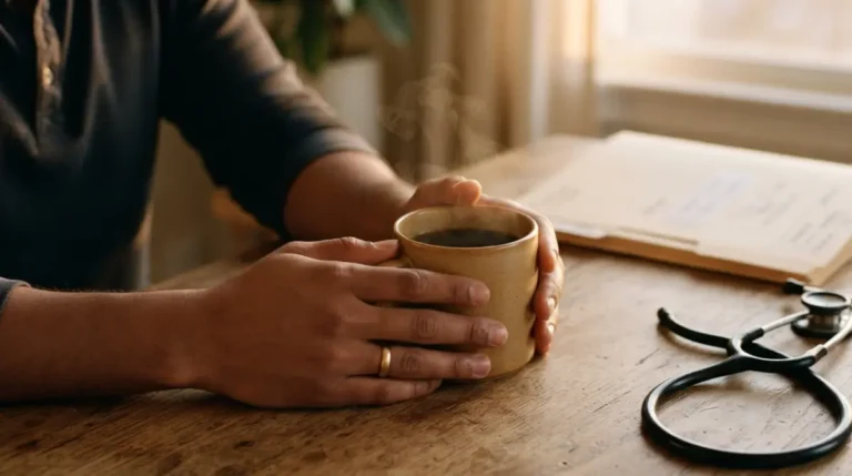 “Warm morning coffee on a wooden table beside a stethoscope and a closed medical folder, illustrating liver enzymes discussion, photoreal.”