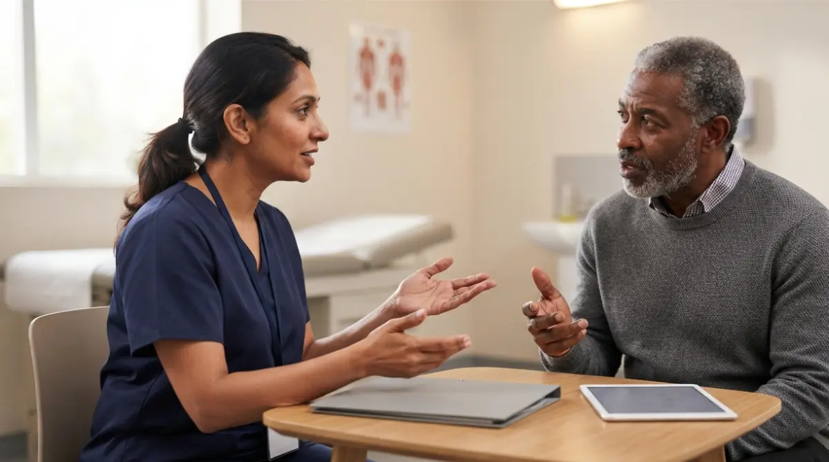 Clinician discussing Hemochromatosis and iron tests with an adult patient