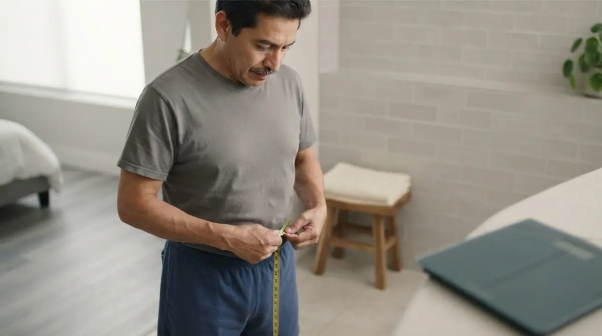 Person measuring waist at home, illustrating metabolic risk for fatty liver with high ALT and Normal AST.