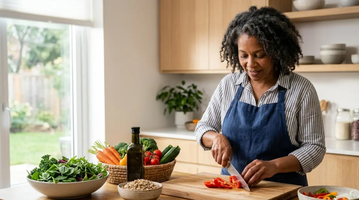 Adult preparing a balanced meal to support metabolic health and understand an AST/ALT Ratio linked to fatty liver risk