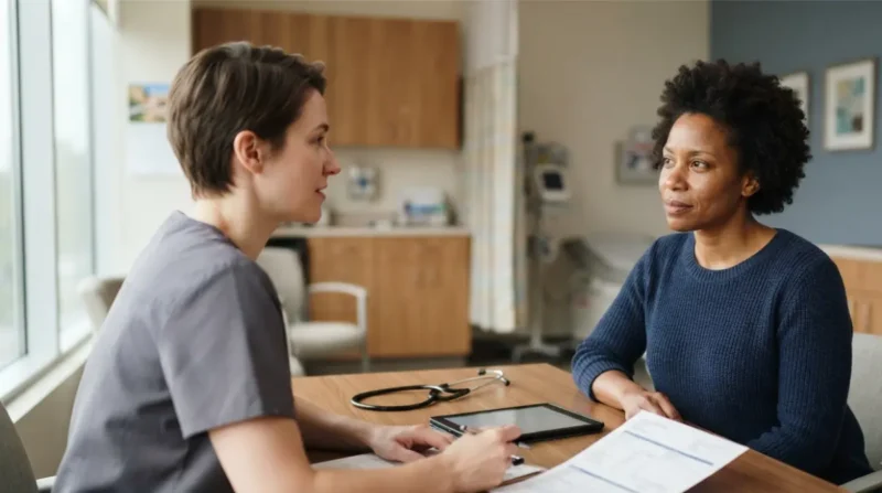 “Preoperative consultation with doctor discussing liver enzymes and surgery decision”