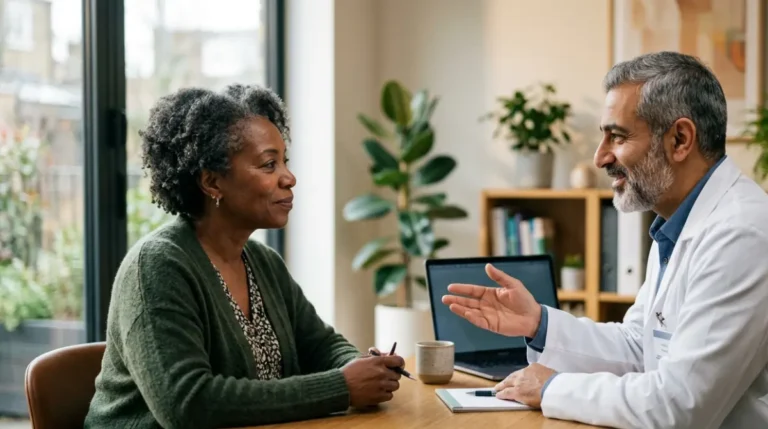 Doctor explaining a FIB-4 Above 1.3 liver health result to a patient during a clinic consultation