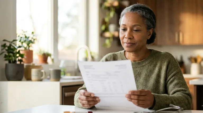 Adult reviewing blurred lab paperwork at home beside a blood sample tube for a FIB-4 Calculator