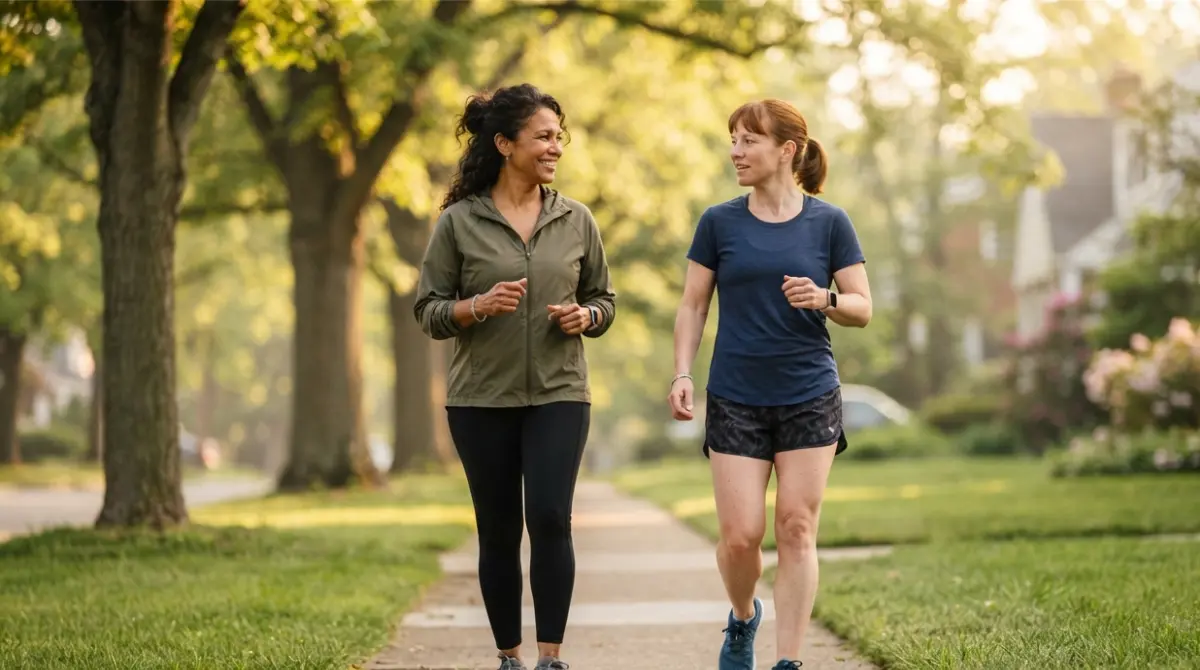 Two adults walking outdoors in the morning, representing gradual weight loss goals for Liver fat, inflammation, and fibrosis.