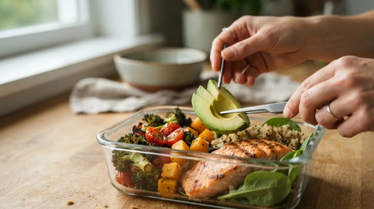 Close-up of hands preparing a balanced meal with salmon, vegetables, and quinoa to support Liver health during weight loss.